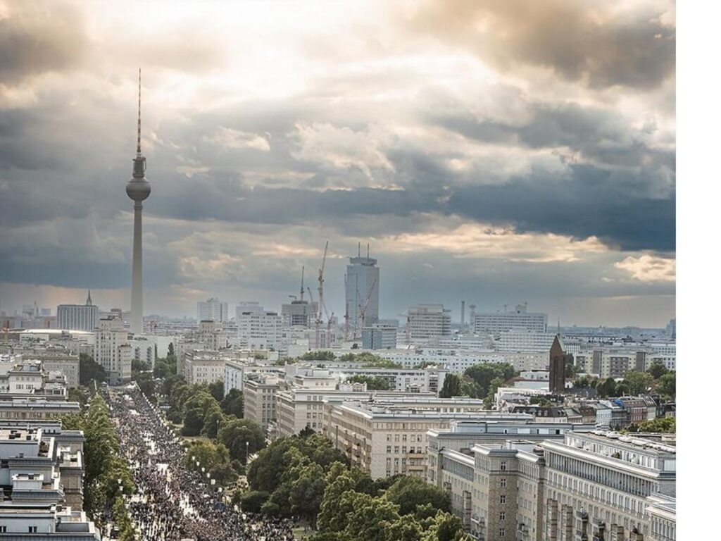 Exterior of Berghain nightclub in Friedrichshain with moody sky and industrial architecture