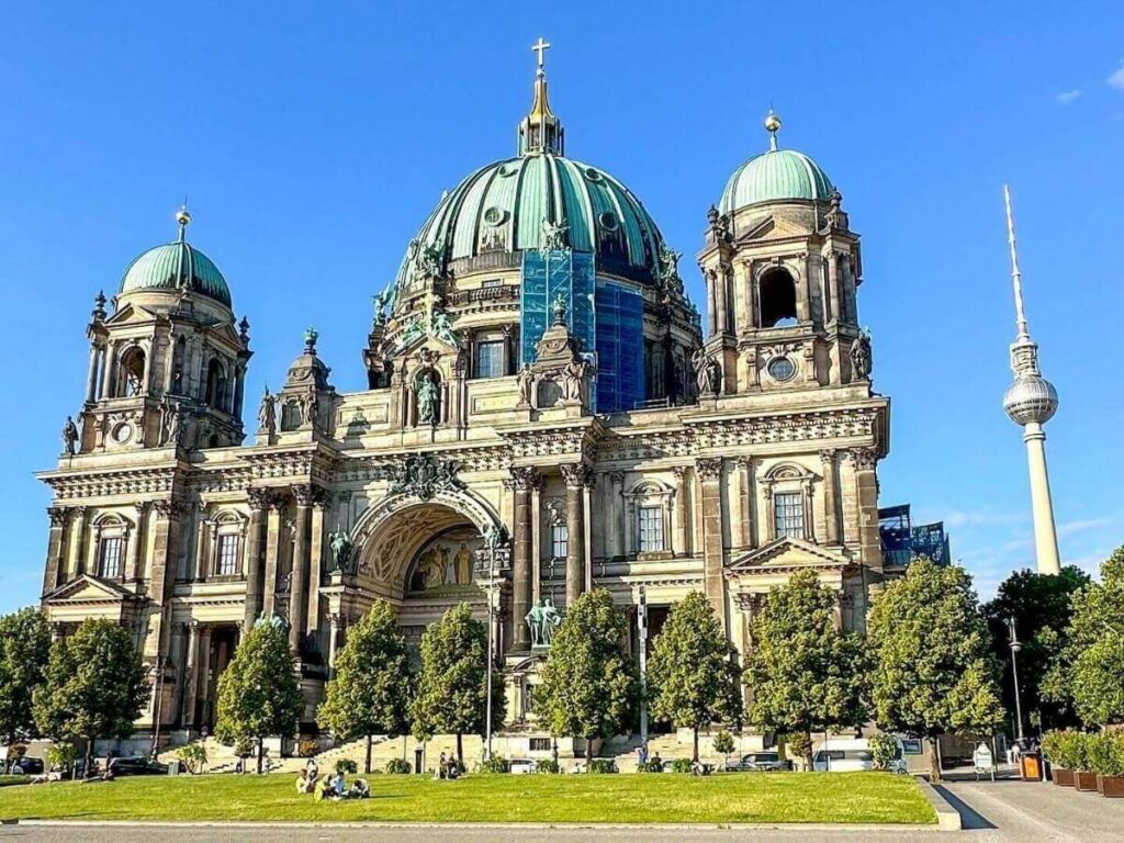 Museum Island and Berlin Cathedral reflected in the Spree River at dusk