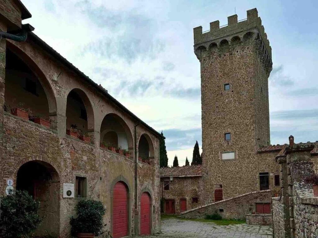 Stone towers and courtyard of Borgo Medievale inside Parco del Valentino.