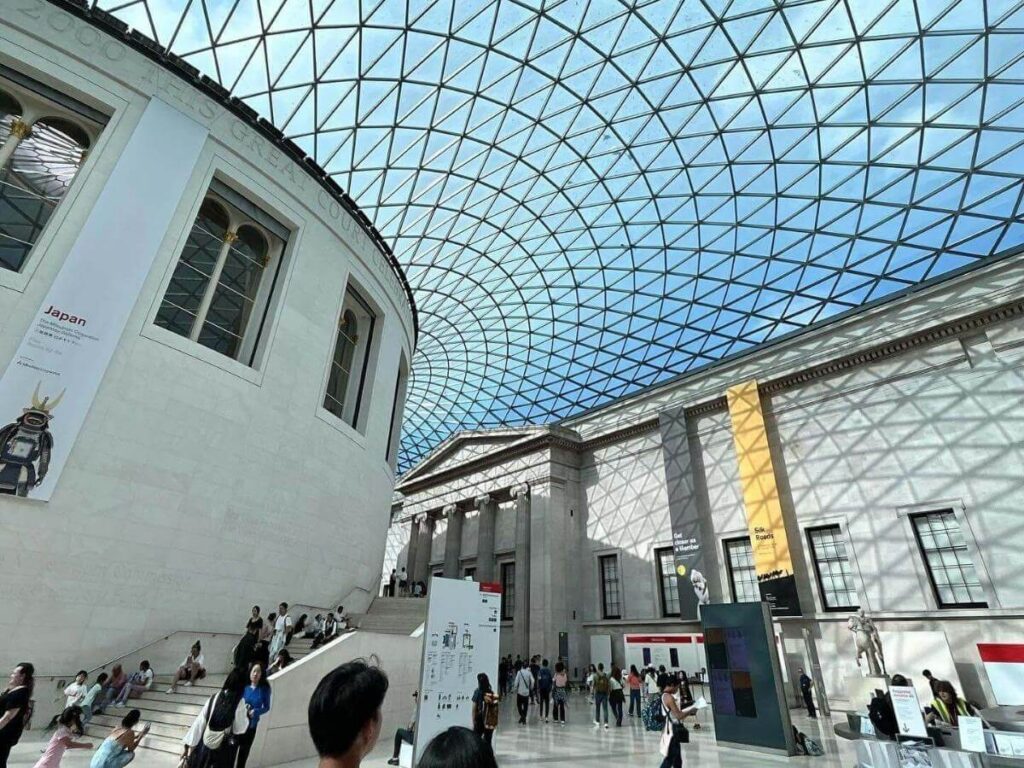 The glass-roofed Great Court inside the British Museum, London