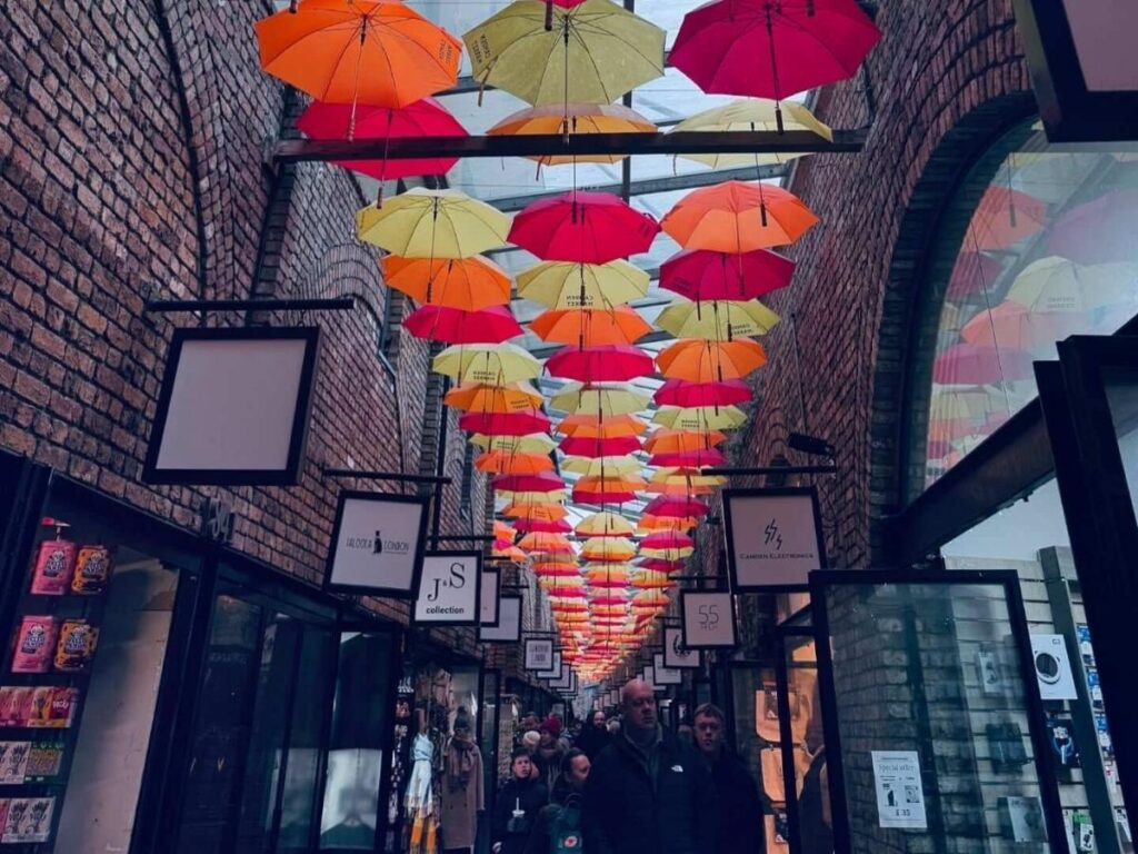 Street food vendors and crowds at Camden Market in London