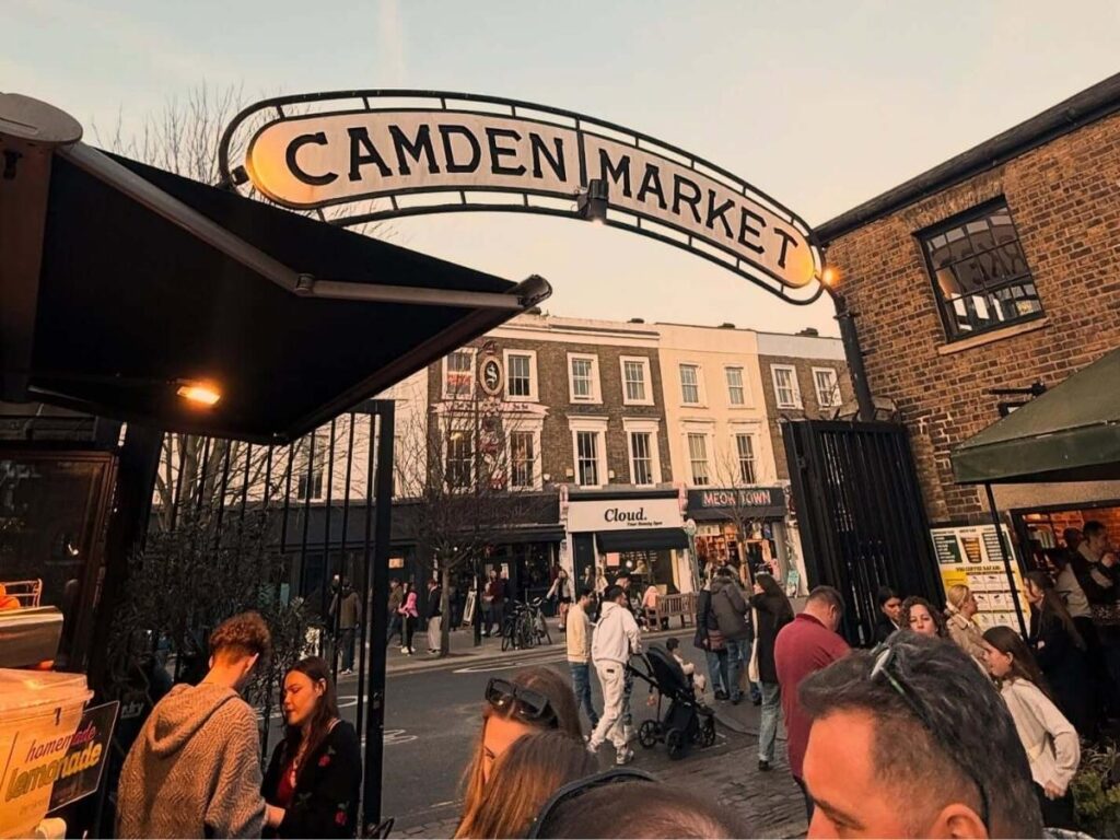 Close-up of international street food dishes being prepared at Camden Market in London