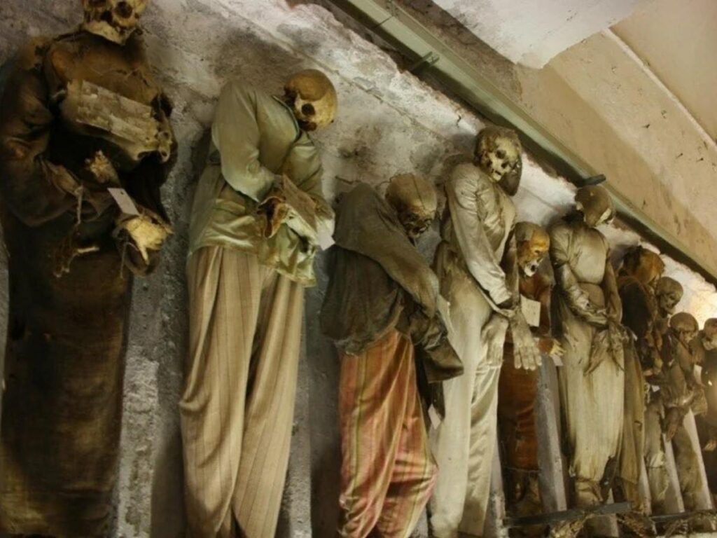 Mummified figures displayed respectfully in the Capuchin Catacombs of Palermo