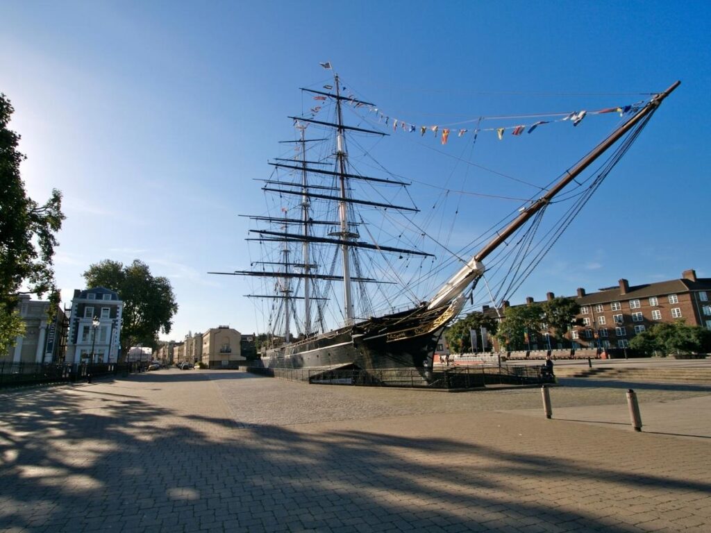 Historic Cutty Sark sailing ship docked in Greenwich, London.