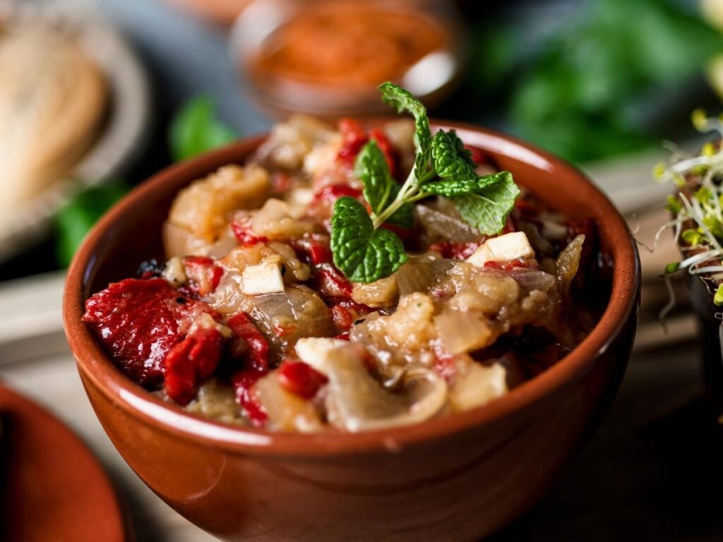 Traditional Catalan escalivada with roasted peppers and anchovies