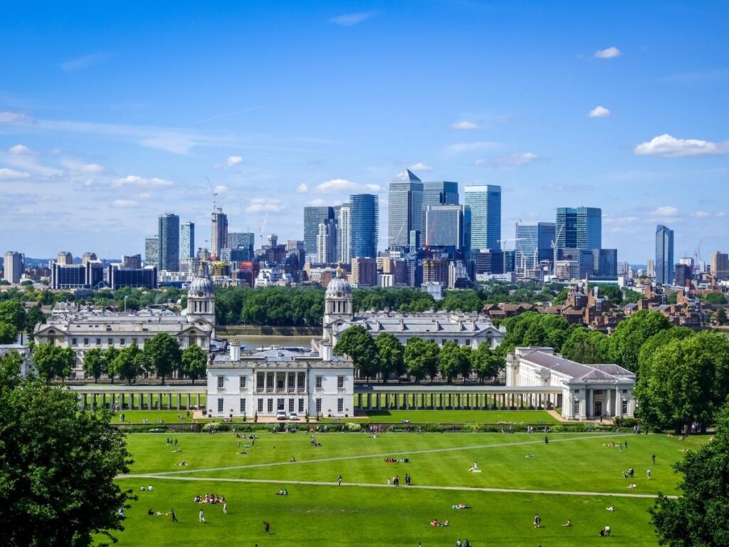 Panoramic view of London skyline from Greenwich Park at sunset