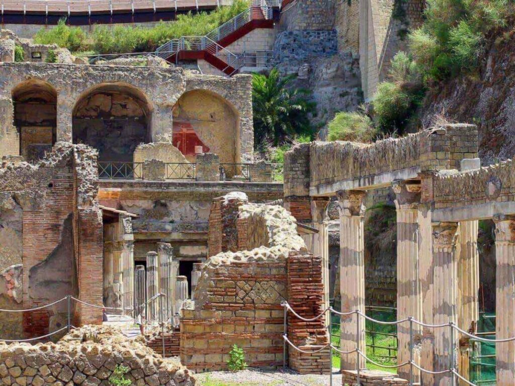 Well-preserved frescoes and walls at Herculaneum archaeological site near Naples.