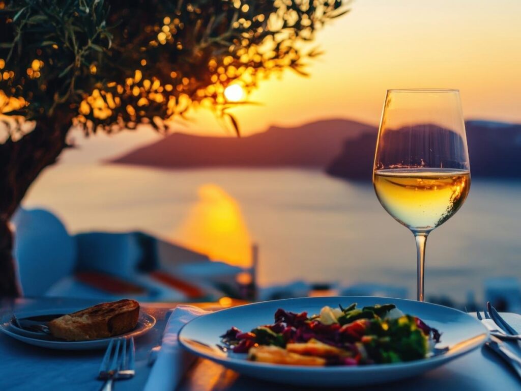 Two Aperol Spritzes on a terrace overlooking Jesolo beach at sunset.