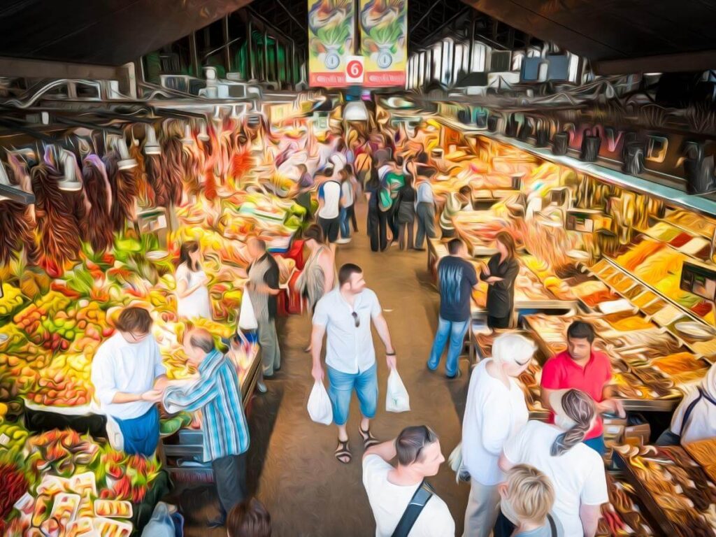 Entrance to La Boqueria market with colorful food stalls