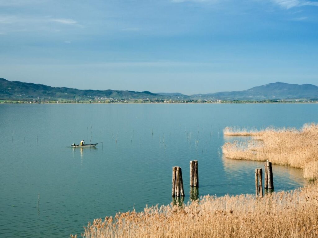 Lakeside table with a simple Umbrian lunch and wine, view over Lake Trasimeno and distant hills