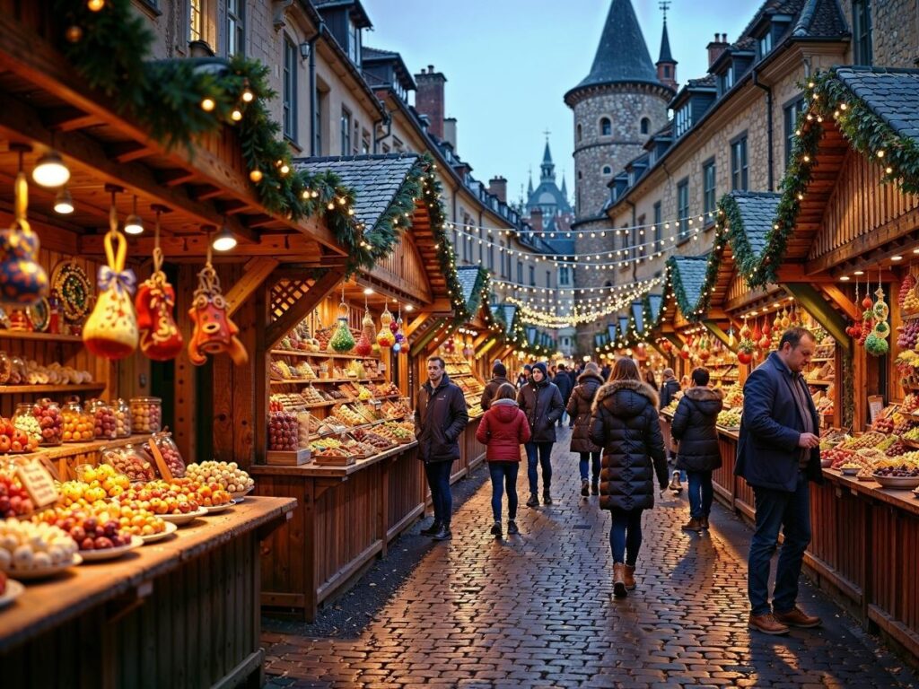 Christmas market in Lazise with wooden stalls, fairy lights, and reflections of lights over the harbour