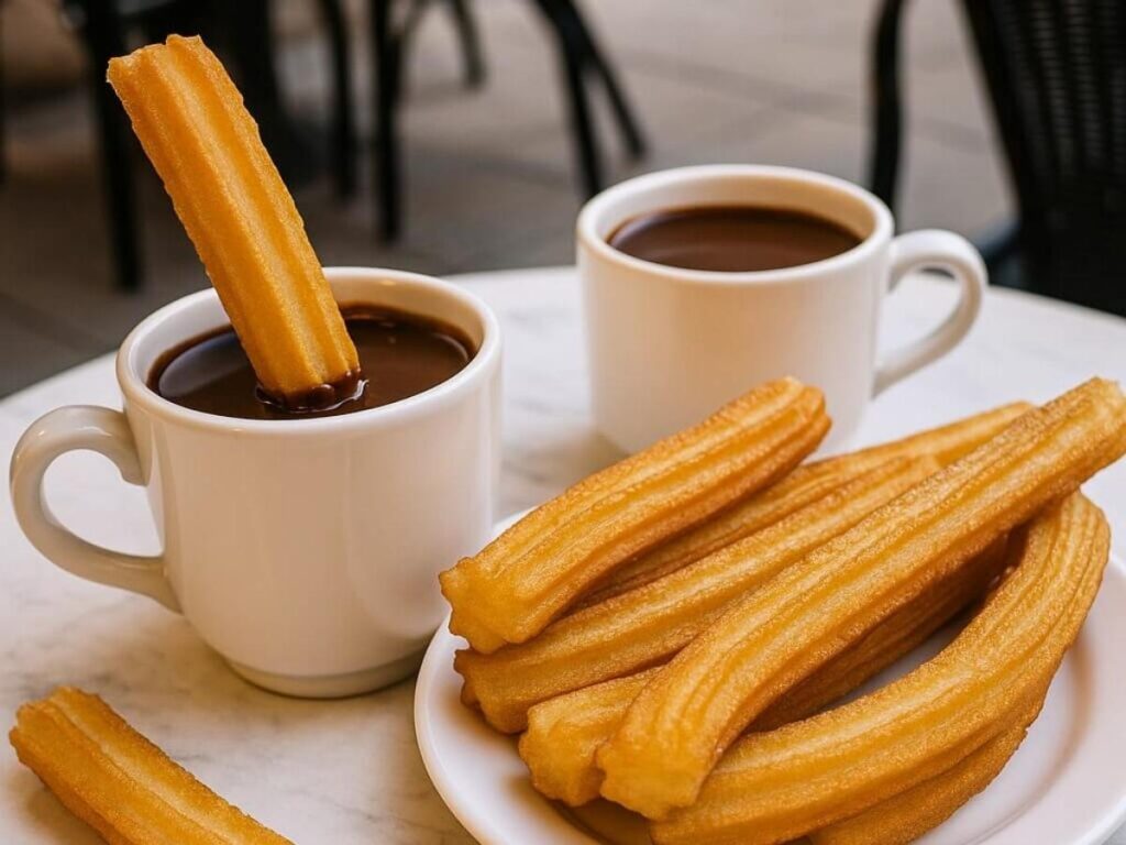 Fresh churros with thick hot chocolate in a traditional Madrid café