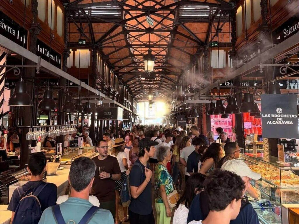 Tapas stalls inside Mercado de San Miguel in central Madrid