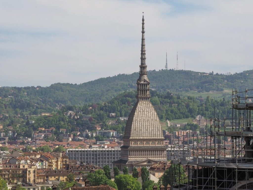 View of Turin’s skyline and Alps from Mole Antonelliana terrace.