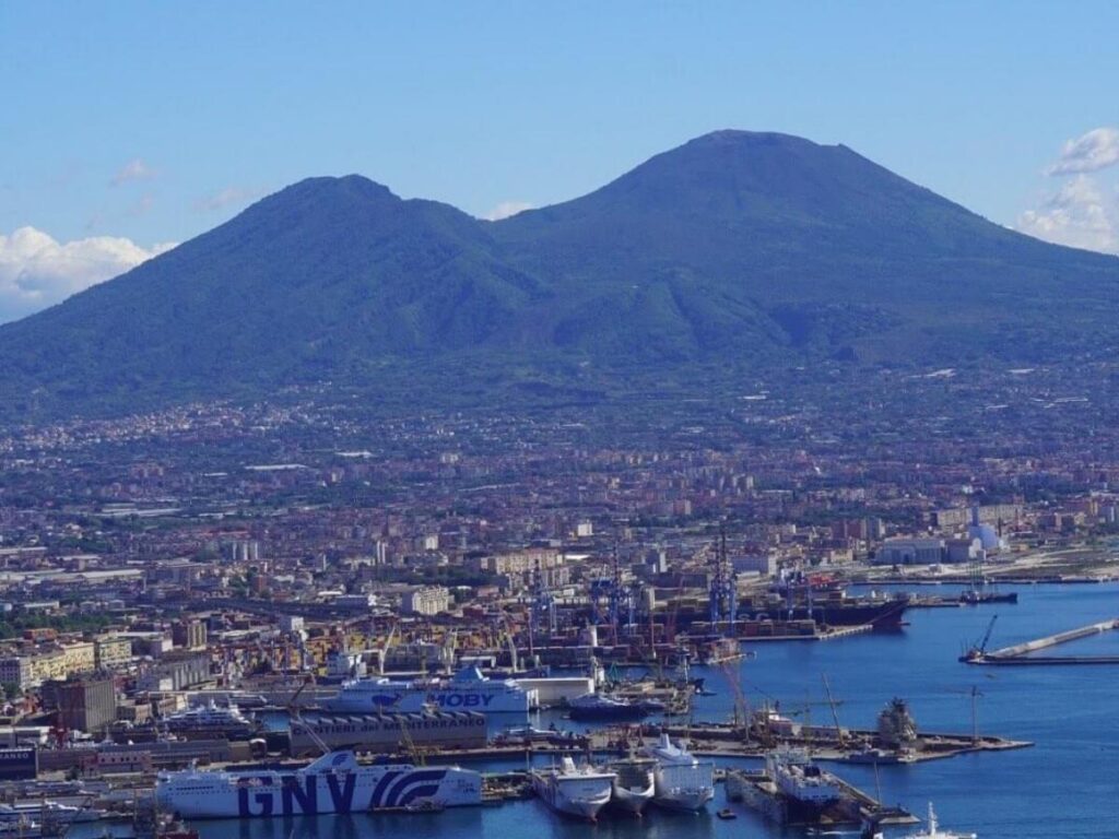 View from the rim of Mount Vesuvius crater looking toward the Bay of Naples.