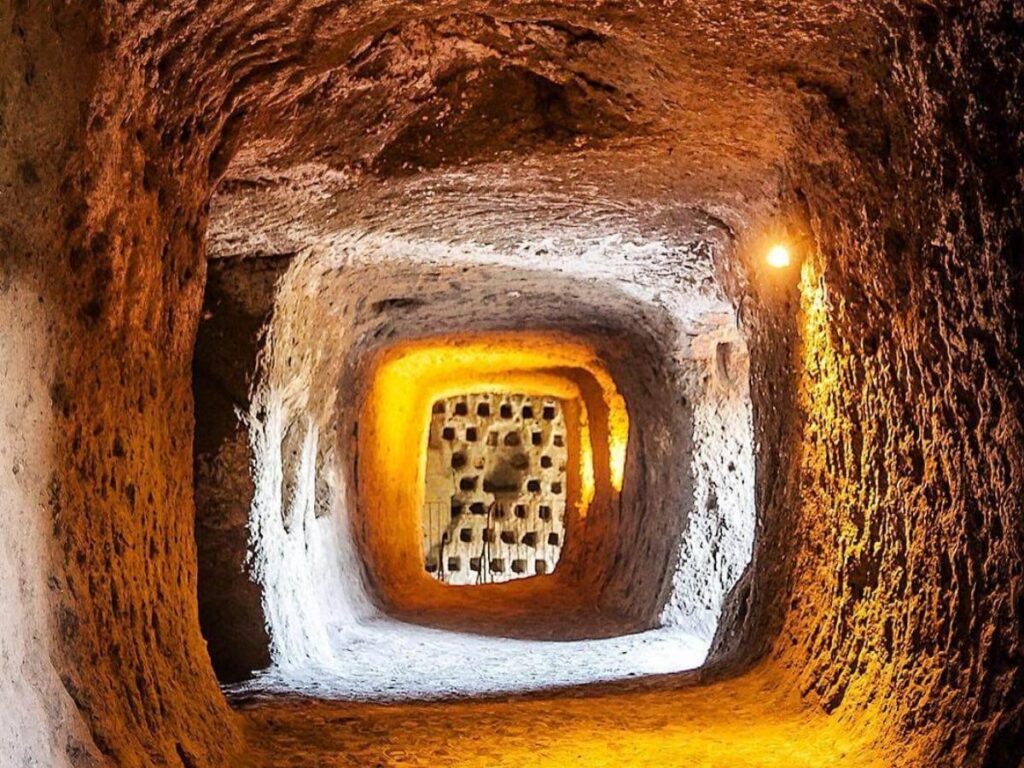 Tour group walking through the dim Orvieto underground tunnels with guide pointing out features.