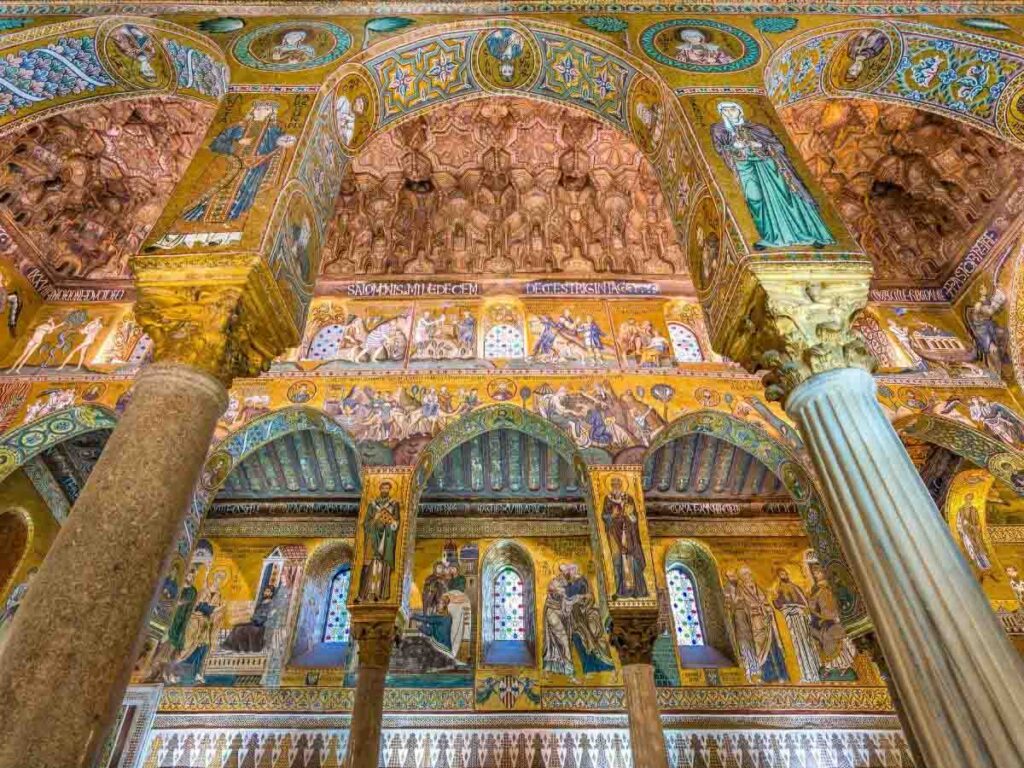 Golden Byzantine mosaics inside the Palatine Chapel at the Norman Palace in Palermo