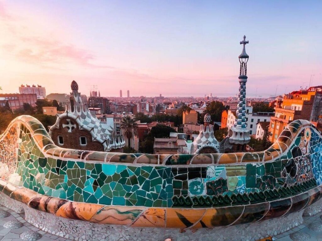 Park Güell mosaic bench overlooking Barcelona