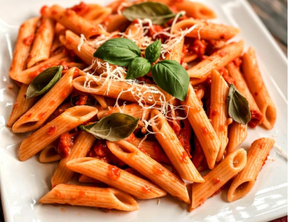 Close up of a plate of pasta alla norcina and a porchetta sandwich on a rustic wooden table
