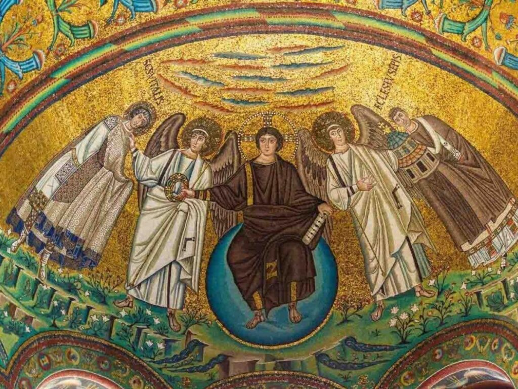 Close-up of golden Byzantine mosaics inside a church in Ravenna, Italy.