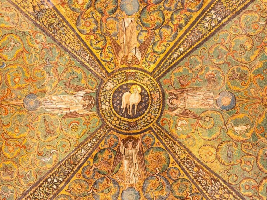 Golden and blue Byzantine mosaics inside the Basilica di San Vitale, Ravenna.”