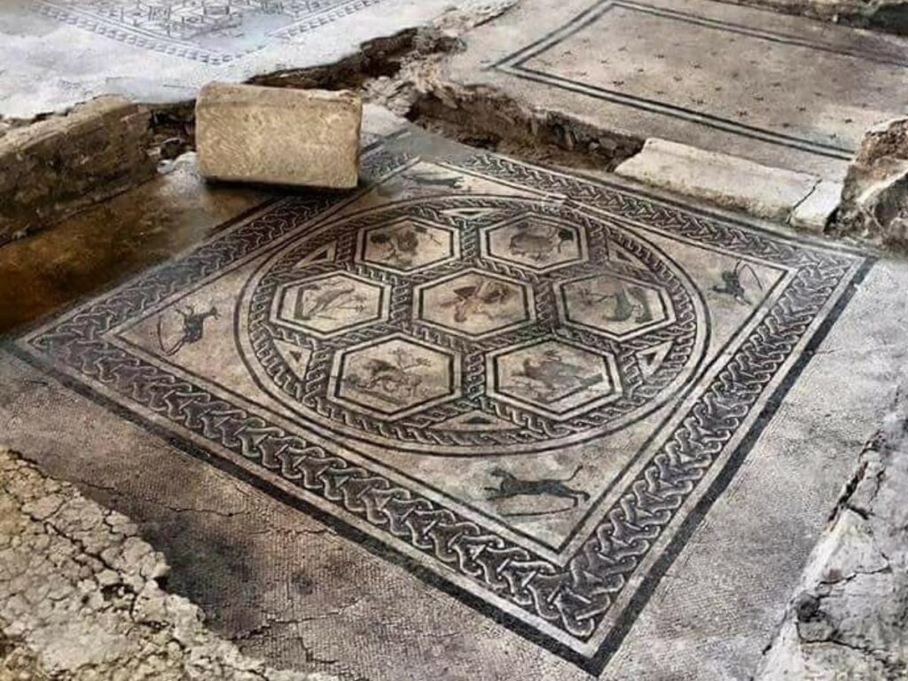 Roman mosaic floor detail inside the Domus del Chirurgo archaeological site.