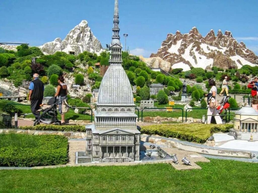 Families enjoying Italia in Miniatura miniature park near Rimini.