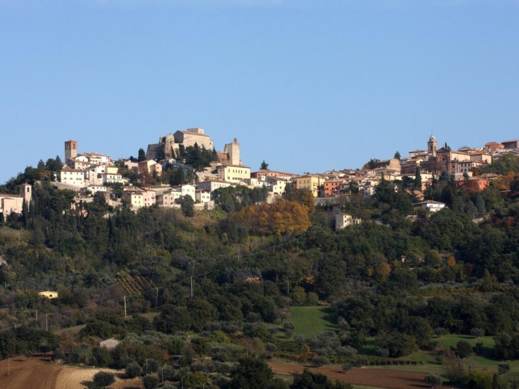 Panoramic view from Verucchio overlooking Rimini’s coastline and countryside.
