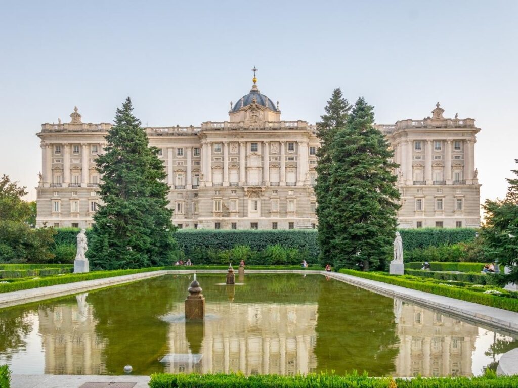 Royal Palace of Madrid seen from the Sabatini Gardens on a sunny morning
