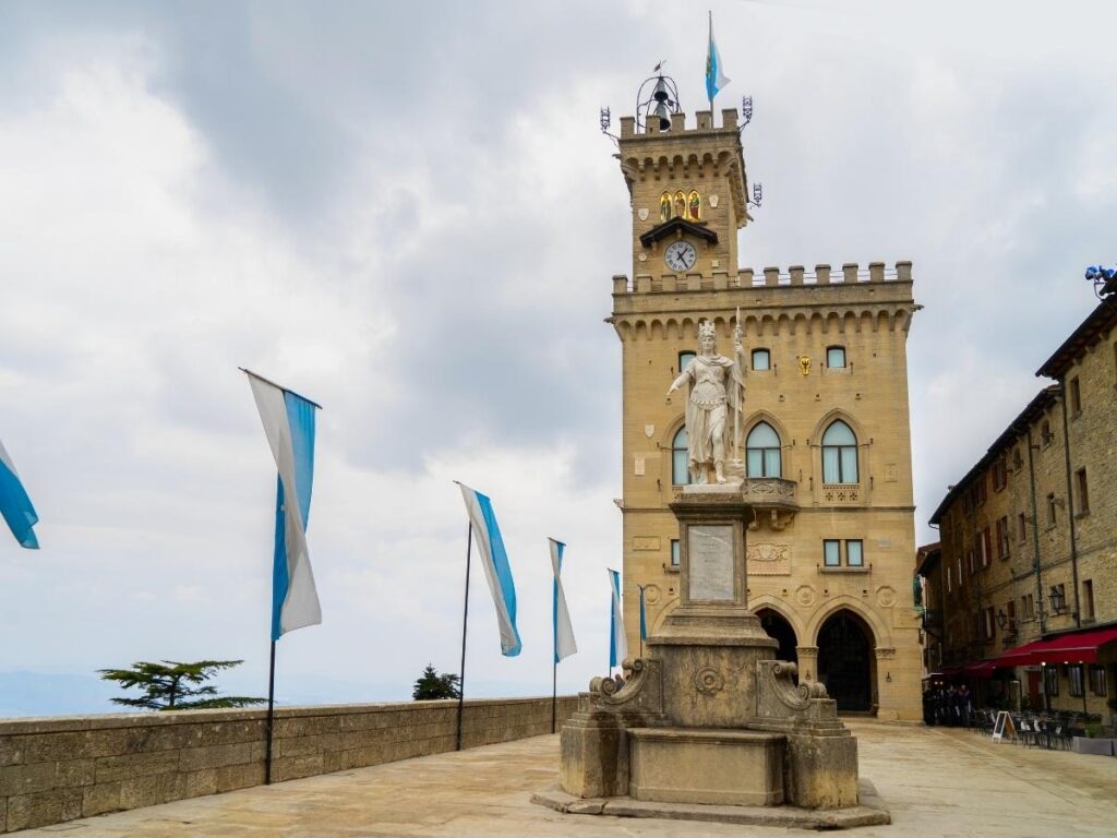 Panoramic view of San Marino fortress towers from Monte Titano near Riccione