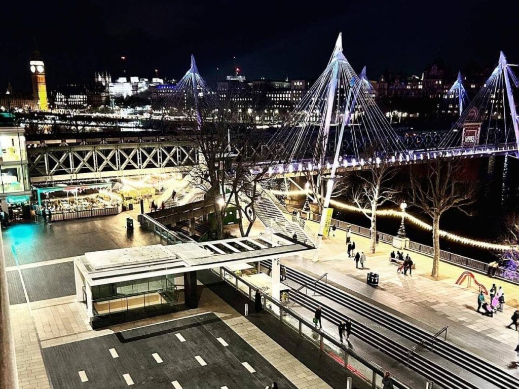 People walking along London’s Southbank with the London Eye and the River Thames in the background