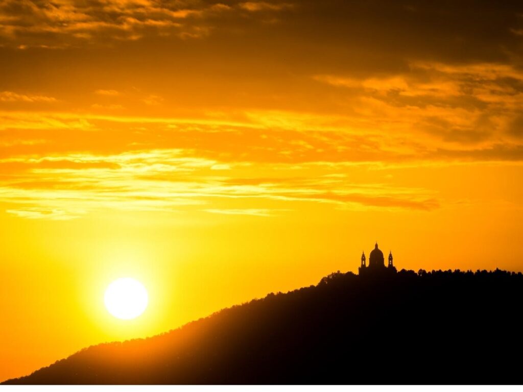 Sunset view of Turin and the Mole Antonelliana from Superga Basilica.