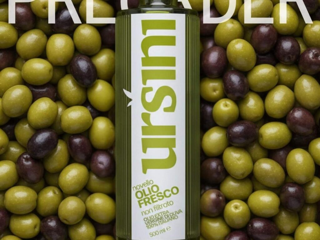 Hands holding a tasting glass of freshly pressed olive oil inside a frantoio in Torgiano