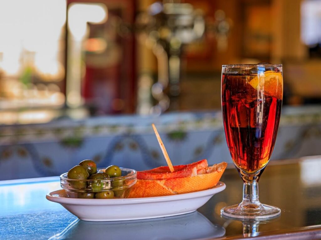 Traditional Madrid vermouth and tapas served at a local bar