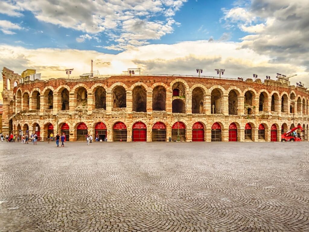 Roman amphitheatre Verona Arena glowing at sunset in Piazza Bra.”