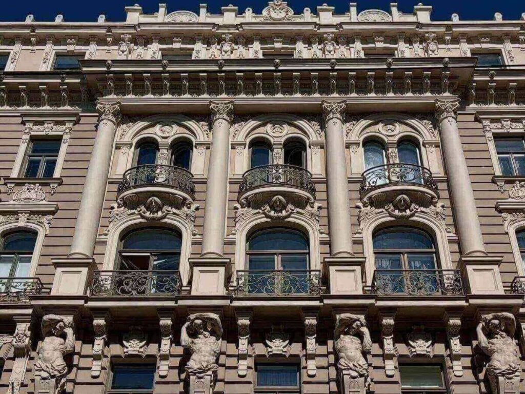 Ornate Art Nouveau façade on Alberta iela, Riga, with decorative stucco details