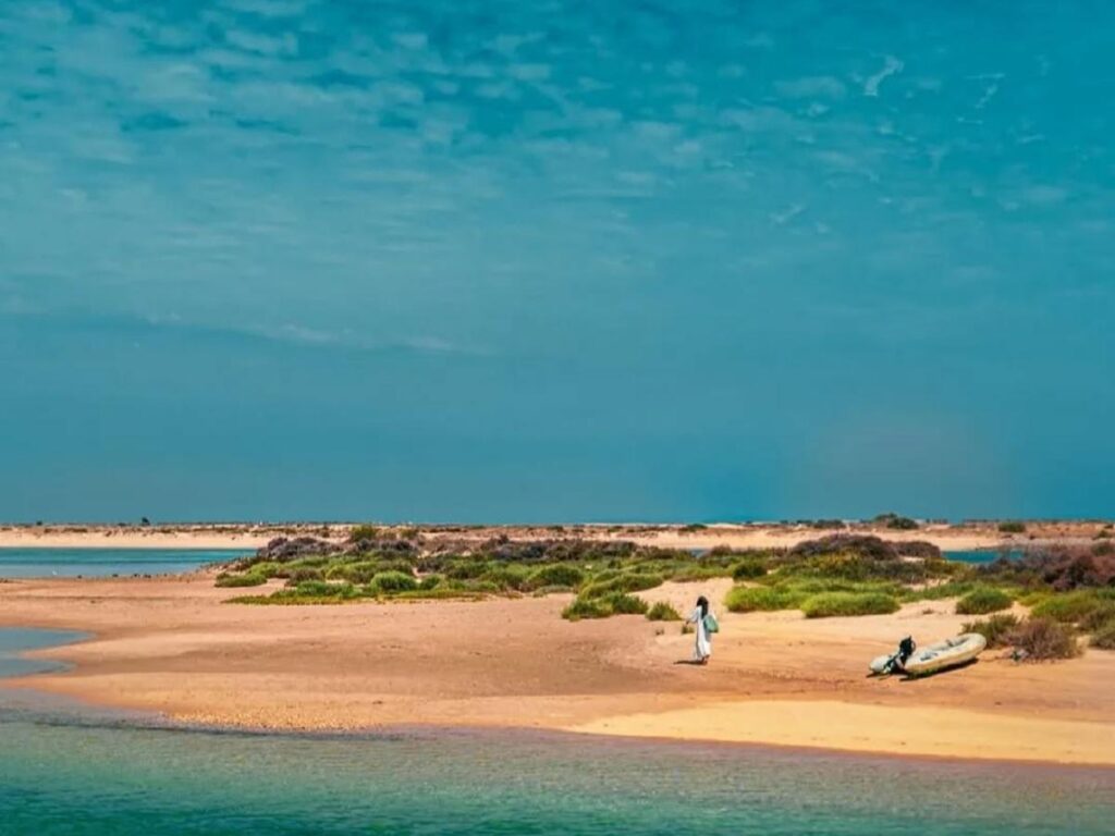 Wide sandy beach and dunes on Armona Island, Ria Formosa — Olhão, Portugal