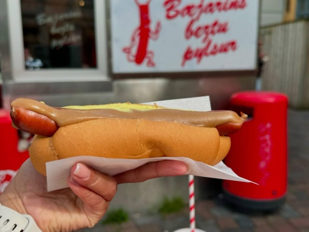 Famous hot dog from Bæjarins Beztu in Reykjavík with classic toppings