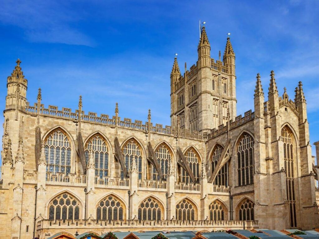 View of Bath’s honey-coloured rooftops and hills from the top of Bath Abbey’s tower