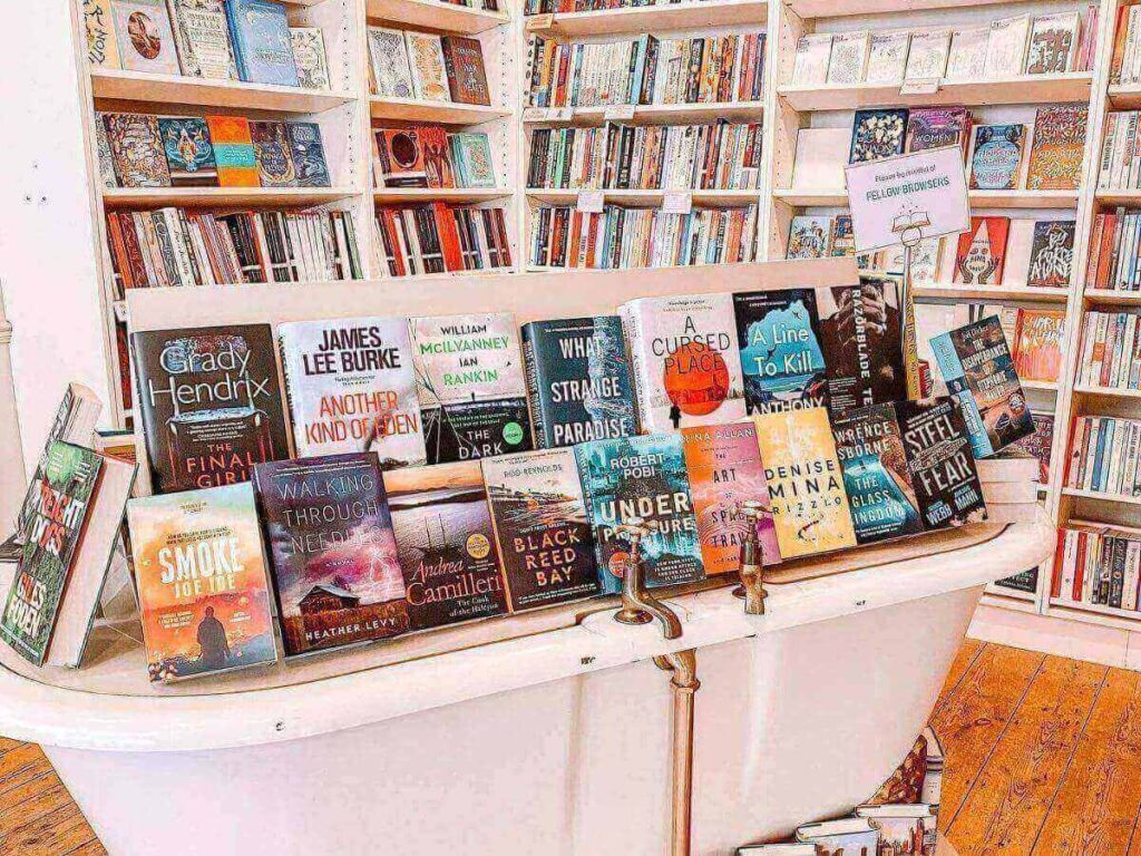 Interior of Mr B’s Emporium with bookshelves, handwritten recommendations, and cosy corners.