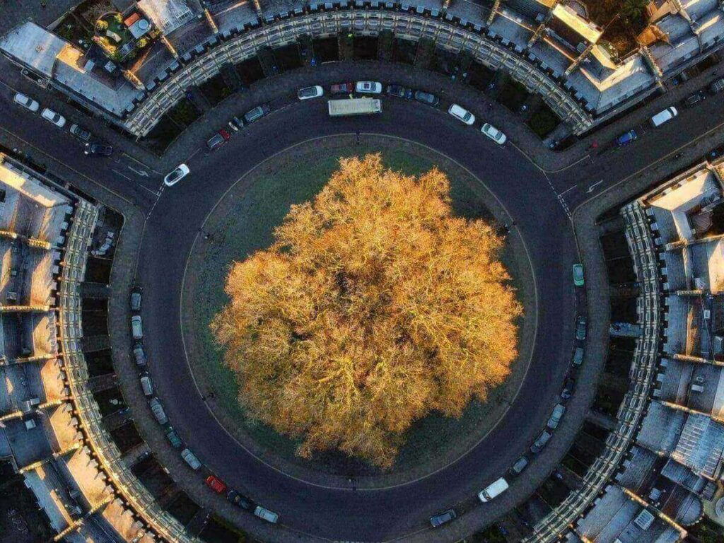 Curved row of Georgian townhouses forming The Circus in Bath on a quiet morning