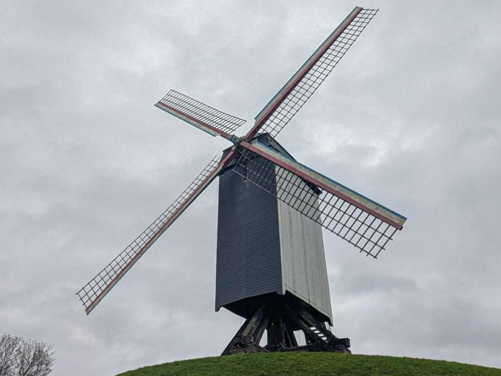 Traditional windmill in Bruges’ Sint-Anna neighbourhood surrounded by green open space.
