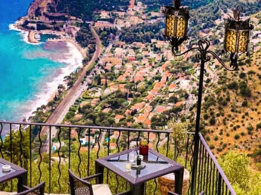 Terrace at Château Eza overlooking the Mediterranean coast from high above