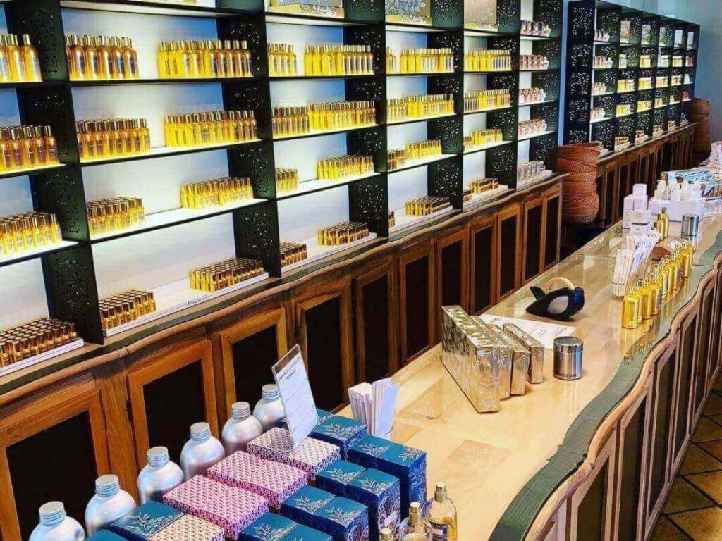Fragonard perfume shop interior with bottles and displays in Èze Village