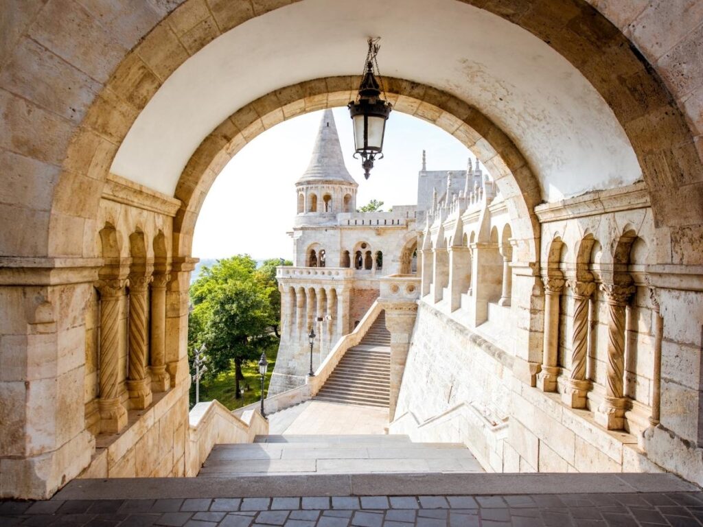 Stone arches and white towers of Fisherman’s Bastion overlooking Budapest