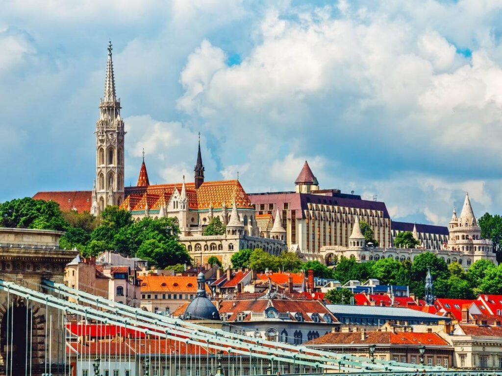 Soft morning light over Fisherman’s Bastion with empty terraces at sunrise