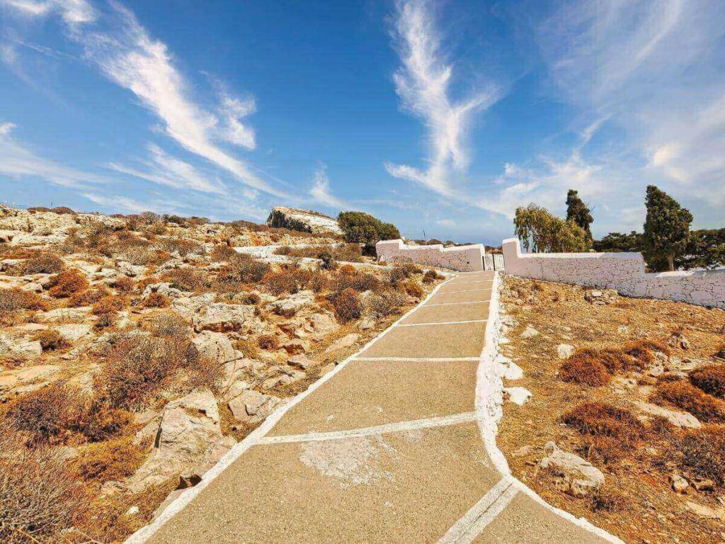 Clifftop walking path leading to the Church of Panagia in Folegandros