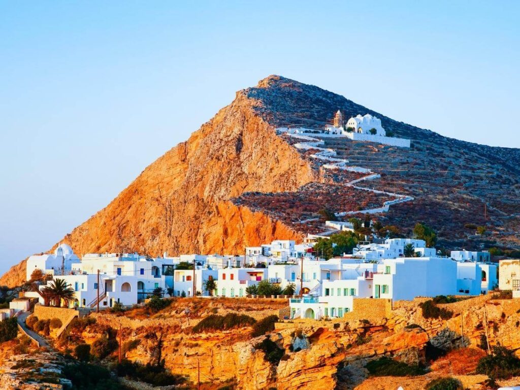 Spring sunlight and blooming bougainvillea in Chora, Folegandros