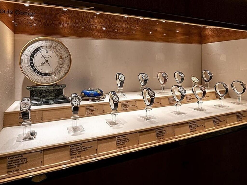 Close-up of an antique watch on display at the Patek Philippe Museum