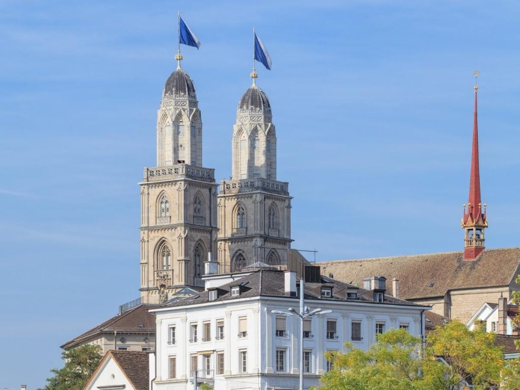 Twin towers of Grossmünster rising above Zurich’s Old Town.